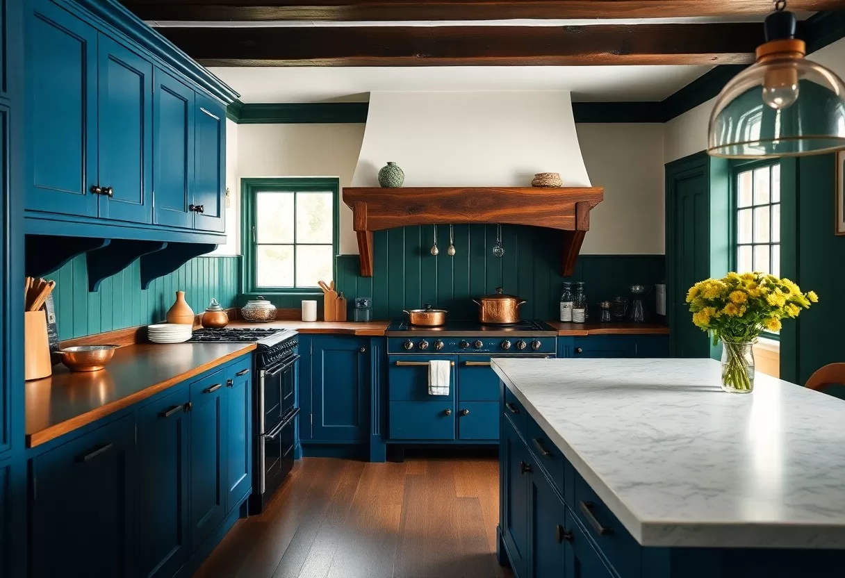 Moody English Country Kitchens - Blues, Greens, Soapstone & Wood Beams