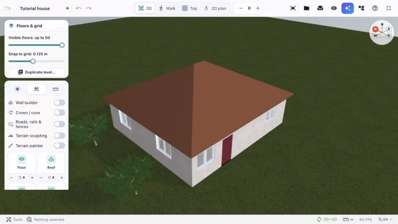 Build tab of 3D House Planner with the Wall builder, Floor and Roof tools and a house with a hip roof