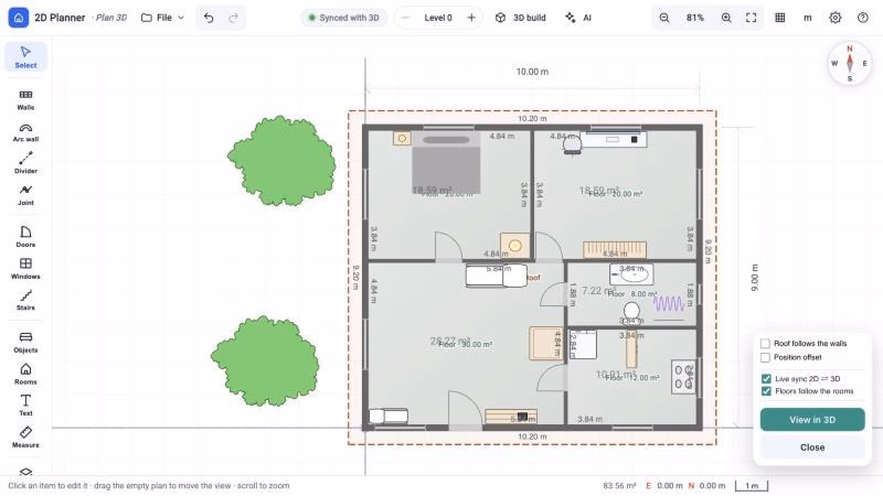 2D plan synchronized with the 3D model, with room areas, dimensions and furniture