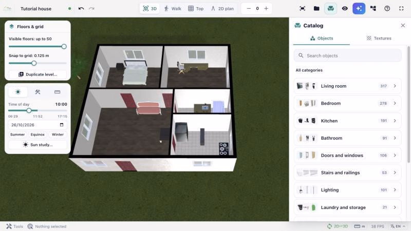 Catalog of 3D House Planner with object categories next to a furnished 3D floor plan
