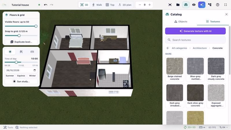 Textures tab of the 3D House Planner catalog with concrete textures