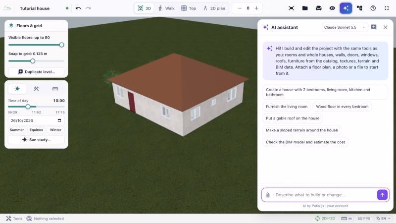 AI assistant of 3D House Planner with suggestions to create a house, furnish rooms and add a roof
