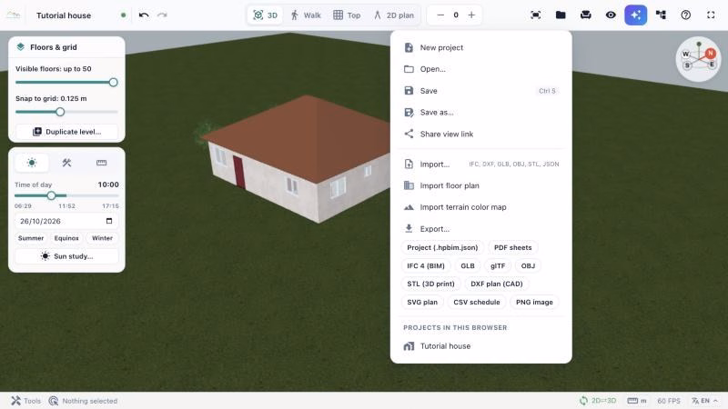 File menu of 3D House Planner with save, import and export options to IFC, DXF, GLB, STL and PNG
