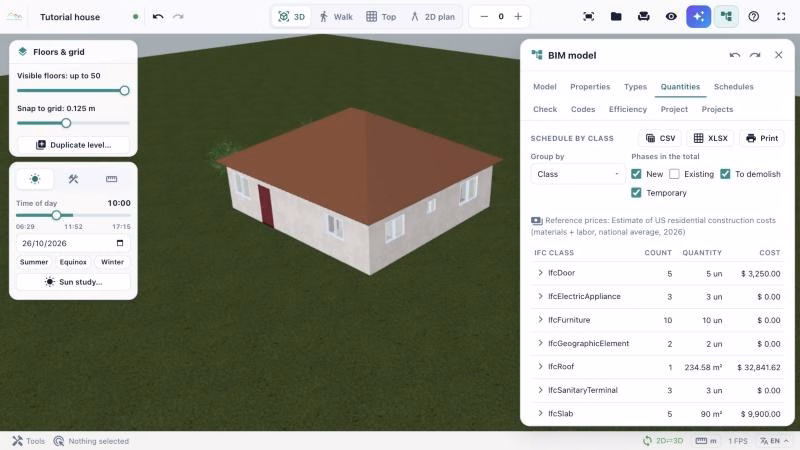 BIM panel of 3D House Planner with quantities and estimated costs by IFC class